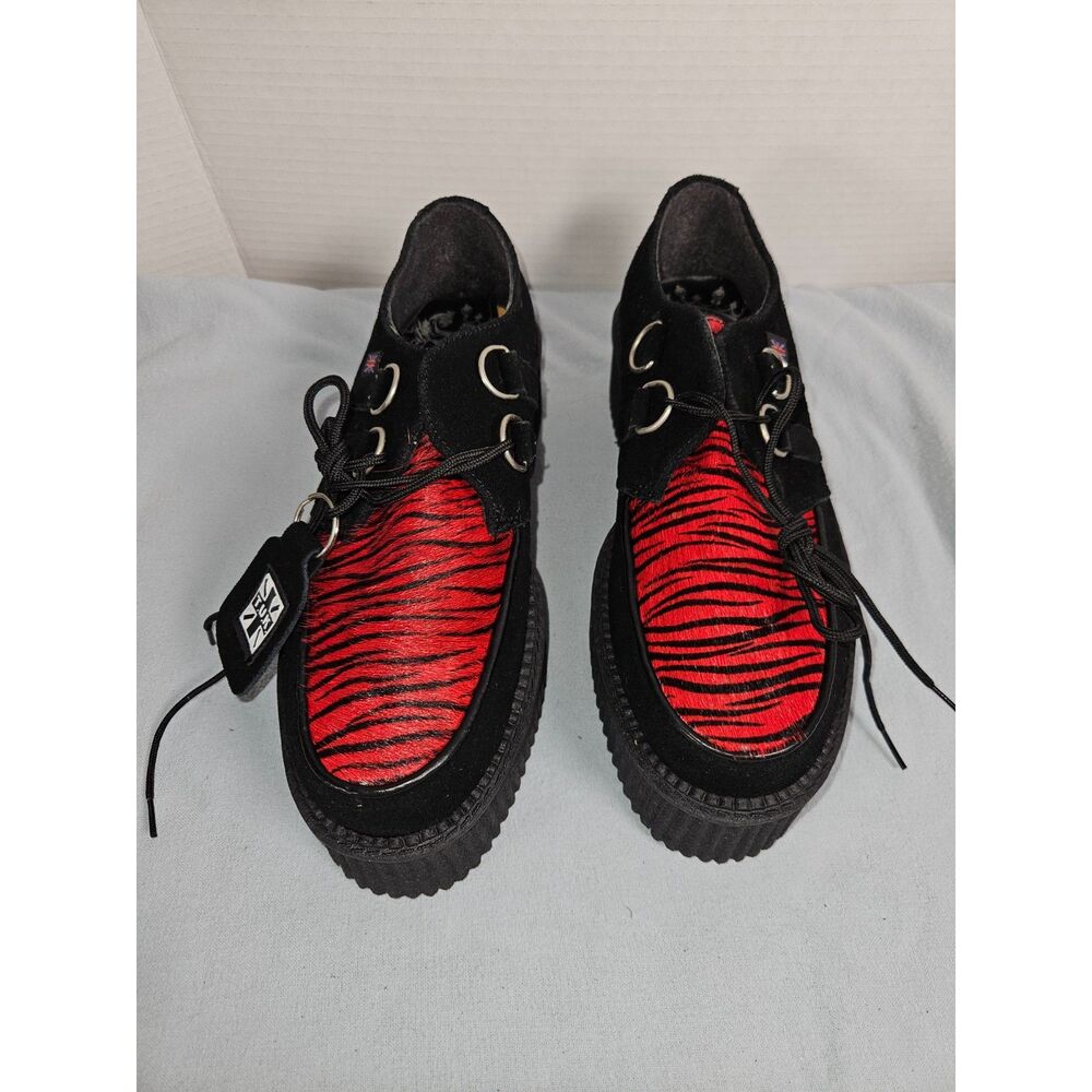 T.U.K. Mtn Killer Black Leather & Red Tiger Stripe Faux Fur Platform Creepers